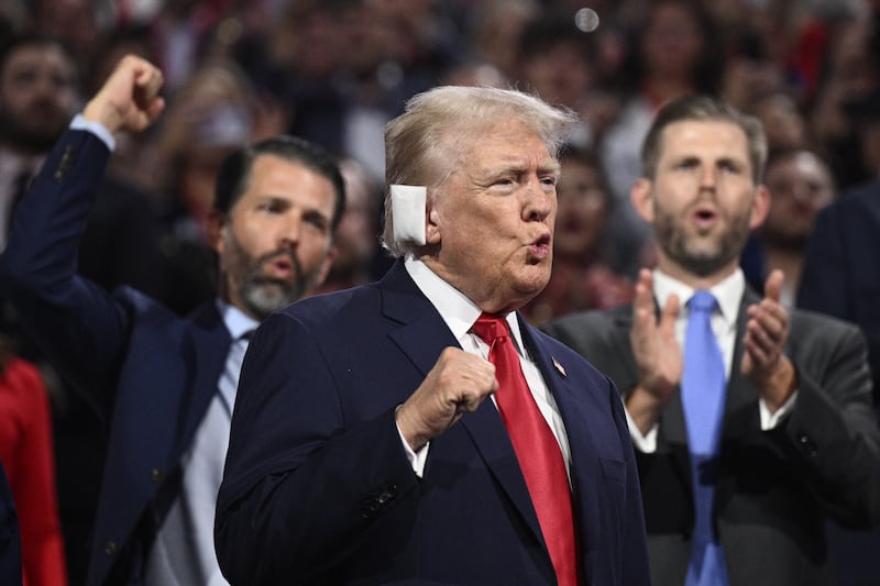 Donald Trump at the first day of the Republican national convention in Milwaukee in July, in the wake of a failed assassination attempt on him. Photograph: Brendan Smialowski/AFP via Getty Images