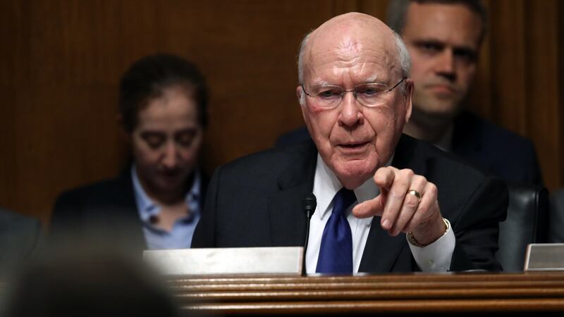 Democratic senator  Patrick Leahy (D-VT) questions US attorney general William Barr during the Senate hearing on the Mueller report on Wednesday. Photograph: Win McNamee/Getty Images