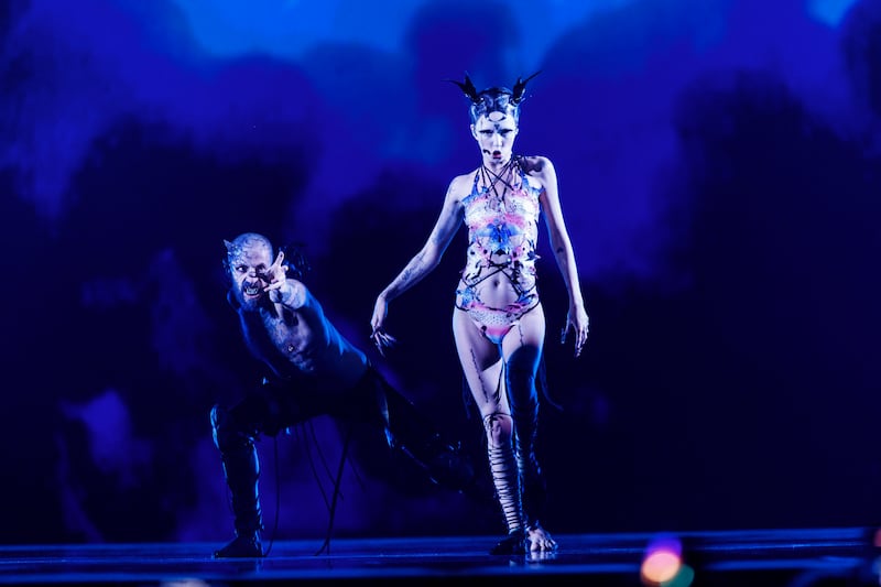 Ireland’s Bambie Thug and dancer/choreographer Matt Williams performing Doomsday Blue at a rehearsal for tonight's semi-final. Photograph: Andres Poveda