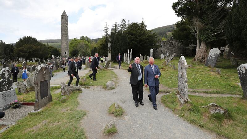 Prince Charles  visits Glendalough monastic settlement. Photograph:  Niall Carson - Pool /Getty Images