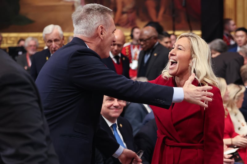 Former speaker of the house Kevin McCarthy greets Republican member of congress Marjorie Taylor Greene as they arrive at the presidential inauguration ceremony for Donald Trump on Monday. Photograph: Chip Somodevilla/Getty Images