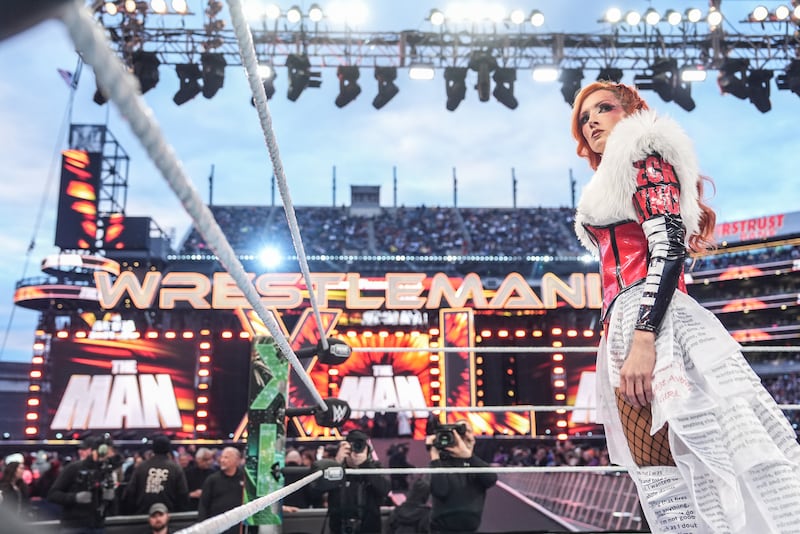 Becky Lynch enters the ring during Night One of WrestleMania 40 at Lincoln Financial Field on April 6, 2024 in Philadelphia. Photograph: WWE/Getty