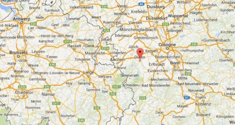 An Irish man was knocked down and killed on a motorway near Düren (red marker on map), Germany after allegedly stabbing three people in an attack early Monday morning. Image: Google Maps.