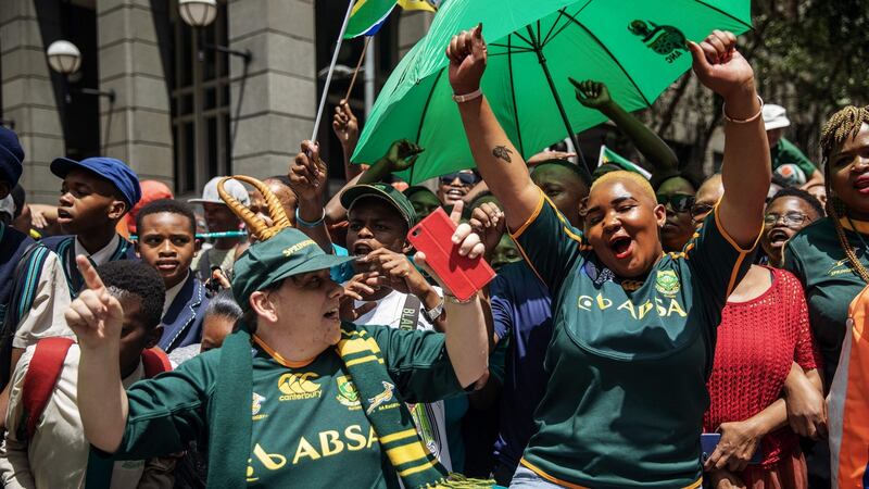 Springbok fans celebrate in  Johannesburg on Thursday. Photograph:  Michele Spatari/AFP via Getty Images