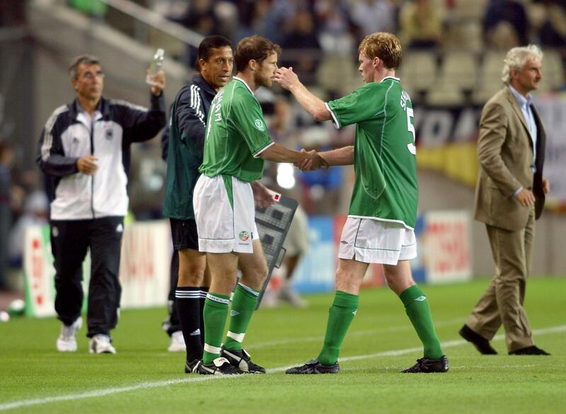 Kenny Cunningham comes on for Steve Staunton against Germany. Photograph: Andrew Paton/Inpho