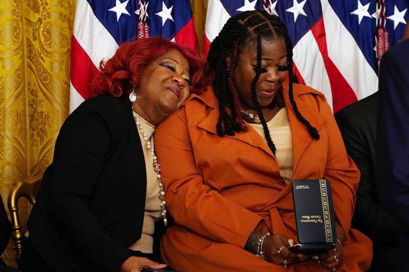  Ruby Freeman and Shaye Moss after being awarded the Presidential Citizens Medal by US President Joe Biden  in January. They said they received death threats and harassment after Rudy Giuliani identified them by name and likened them to drug dealers. Photograph: Will Oliver/EPA