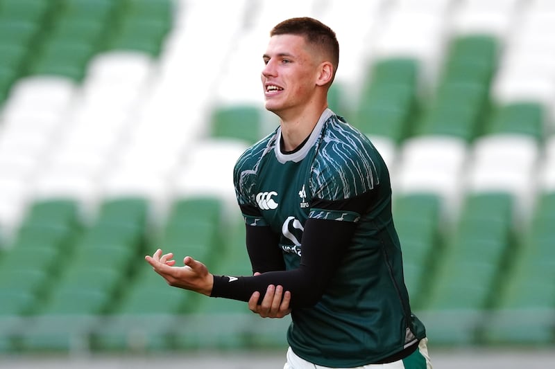 Ireland's Sam Prendergast during the captain's run at the Aviva Stadium. Photograph: Brian Lawless/PA