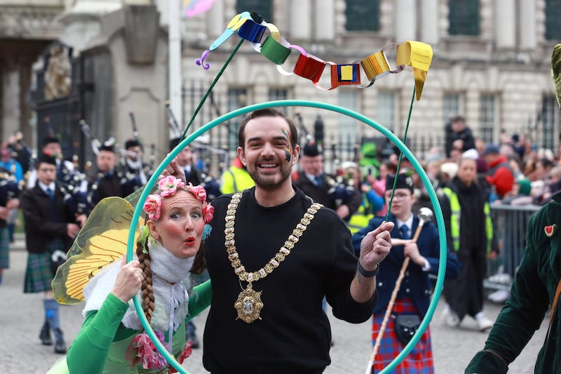 Belfast Lord Mayor Micky Murray taking part in the St Patrick's Day Parade in Belfast. Photograph: Liam McBurney/PA Wire