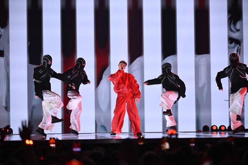 Singer-songwriter Silvester Belt representing Lithuania with the song Luktelk, seen here performing during his Eurovision semi-final. Photograph: Jessica Gow/AFP via Getty