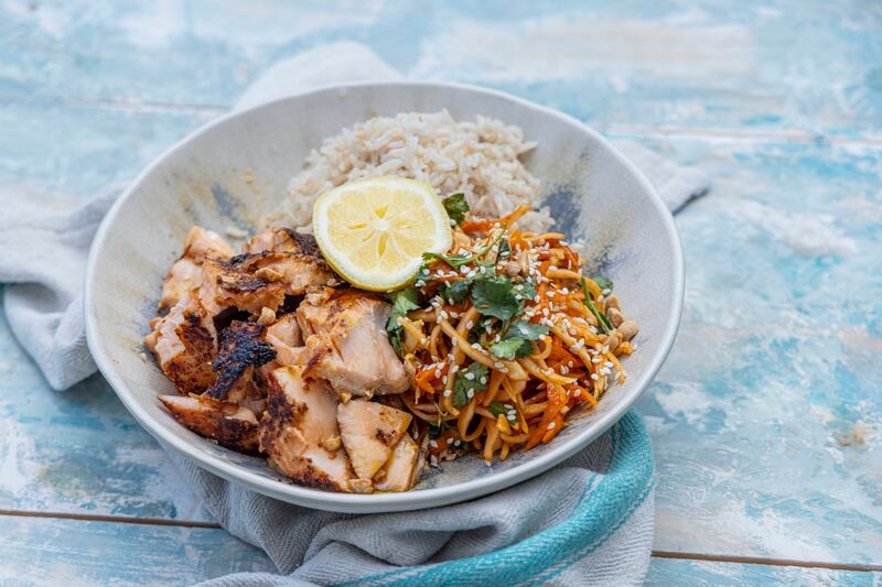 Miso baked salmon with brown rice and Korean salad. Photograph: Harry Weir