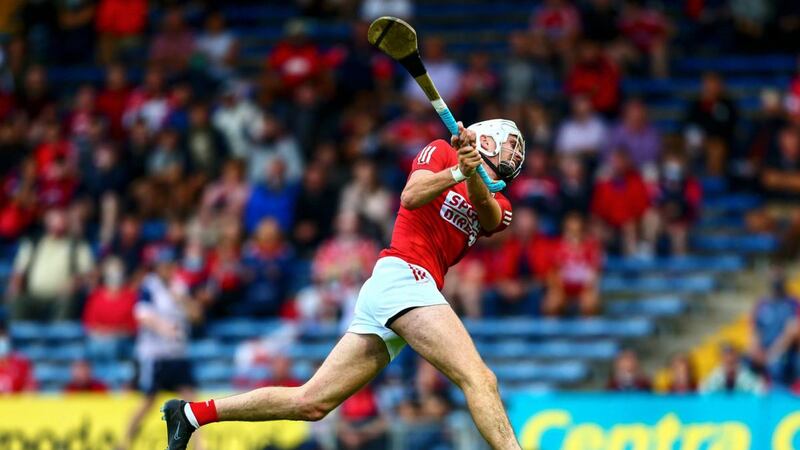 Tim O’Mahony scores Cork’s opening goal during the All-Ireland quarter-final win over Dublin at Semple Stadium. Photograph: Ken Sutton/Inpho