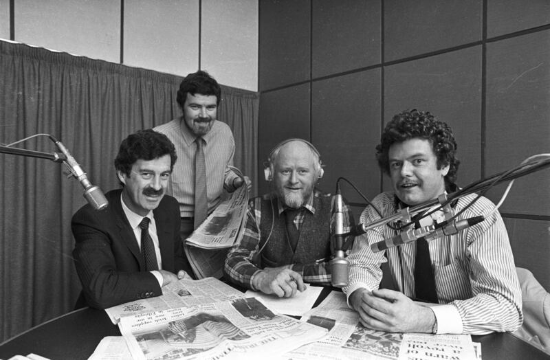 Then tánaiste Dick Spring (left) with Morning Ireland editor Shane Kenny (second left), presenter David Hanly (second from right) and David Davin-Power at RTÉ studios in 1984. Photograph: Jack McManus