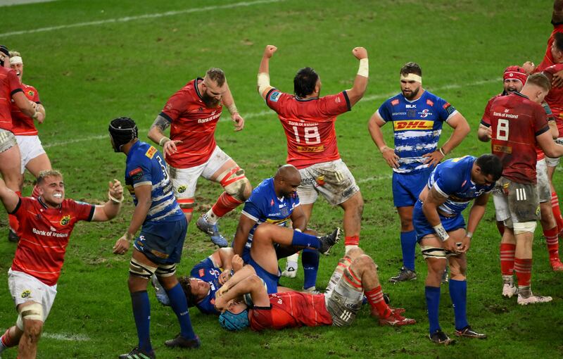 Munster celebrate at the final whistle, claiming their first title in 12 years. Photograph: Steve Haag Sports/Thinus Maritz/Inpho