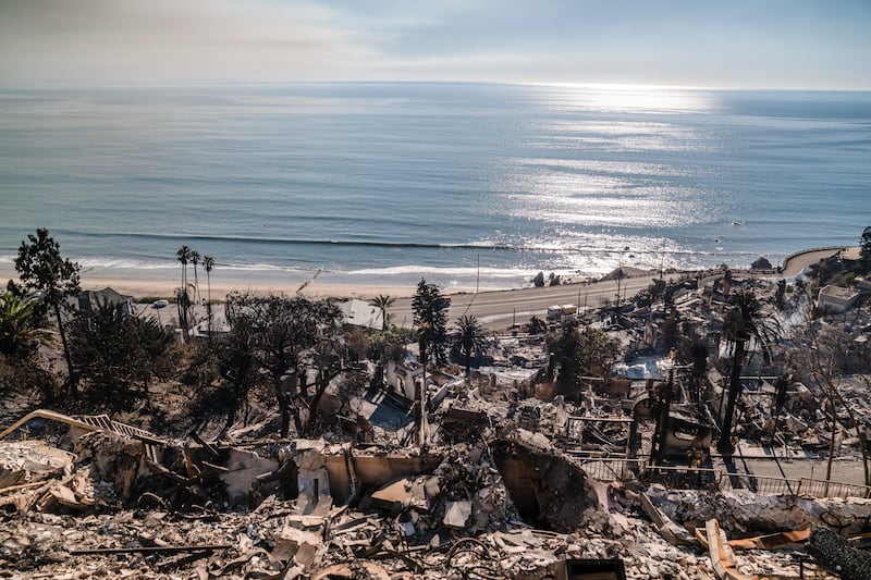 Burned homes in the Pacific Palisades neighbourhood of Los Angeles. Photograph: Ariana Drehsler/The New York Times
                      