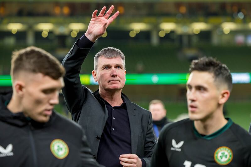 Stephen Kenny waves to people in the stands at the Aviva Stadium following Tuesday's draw between Ireland and New Zealand. Photograph: Morgan Treacy/Inpho