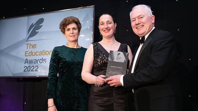 Claire Cox, Awards Judge, presents the Best Masters Programme Award to Gabriel Costello and Emer Cahill, Galway-Mayo Institute of Technology (GMIT).