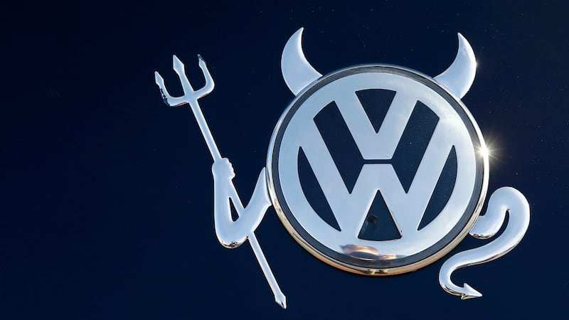 The embellished VW logo  on a Volkswagen car in Hanau, Germany, in November. Photograph: Kai Pfaffenbach/Reuters