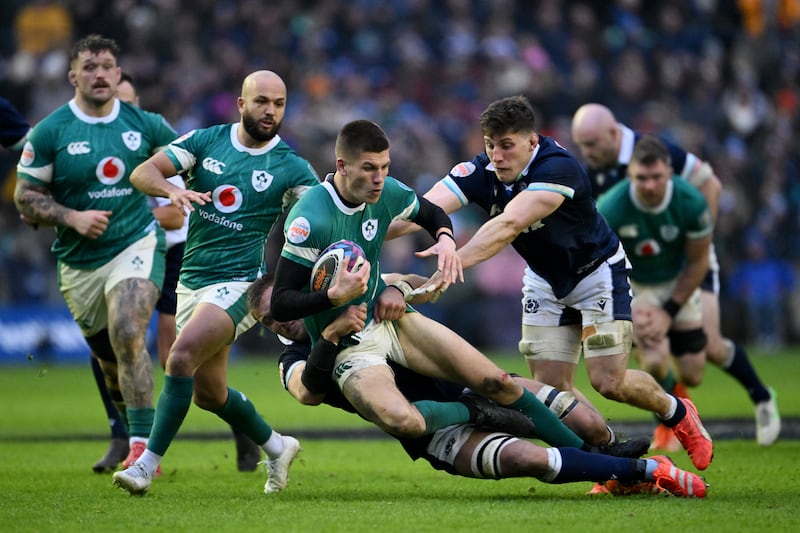 Sam Prendergast is tackled by Matt Fagerson and Rory Darge of Scotland at Scottish Gas Murrayfield in Edinburgh, Photograph: Stu Forster/Getty Images