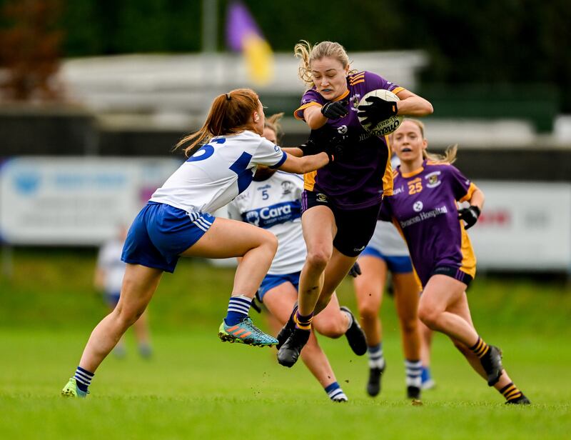 Grace Kós of Kilmacud Crokes in action against Kayla O’Connor of Castleisland Desmonds during the AIB LGFA All-Ireland SFC semi-final at Páirc de Burca in Stillorgan. Photograph: Daire Brennan/Sportsfile