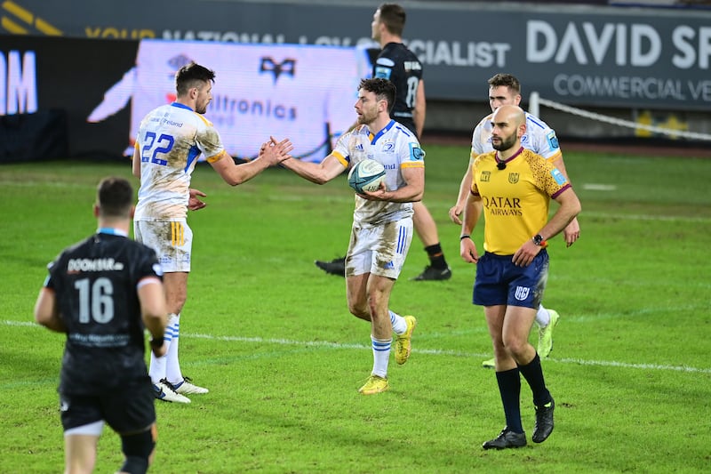 Hugo Keenan celebrates scoring Leinster's second try against Ospreys  last week. Photograph: Ashley Crowden/Inpho 