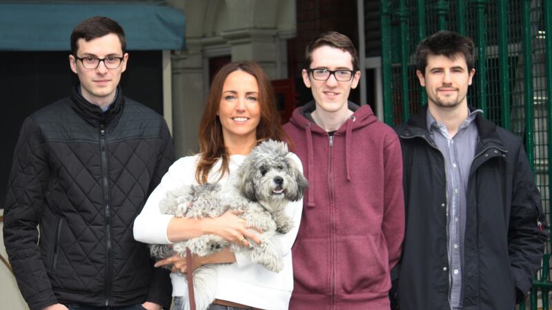 The WarDucks gaming company team from left to right: Keith McCormac, Nikki Lannen, Fred (the dog), Darren McKeever and Guilhermo von Scharten Heidt