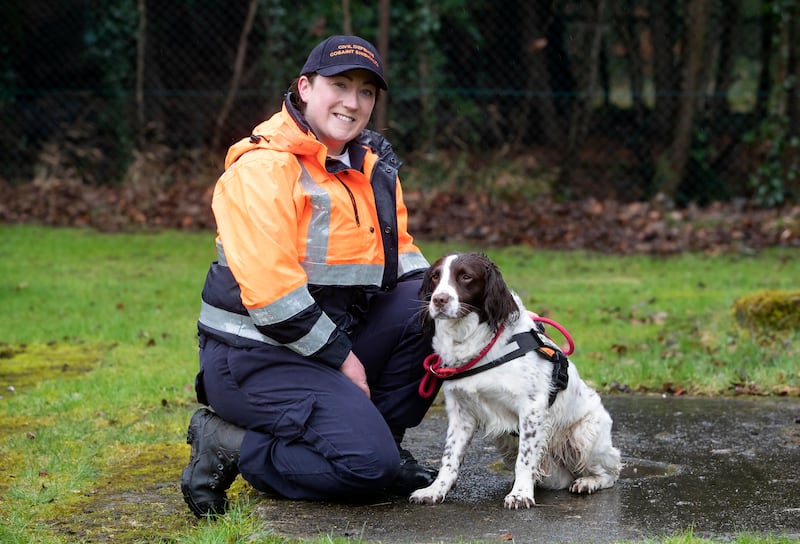 Karen Kelly, the first fully trained female Civil Defence dog handler, with her search dog, Rossi. Photograph: Colin Keegan/Collins Dublin