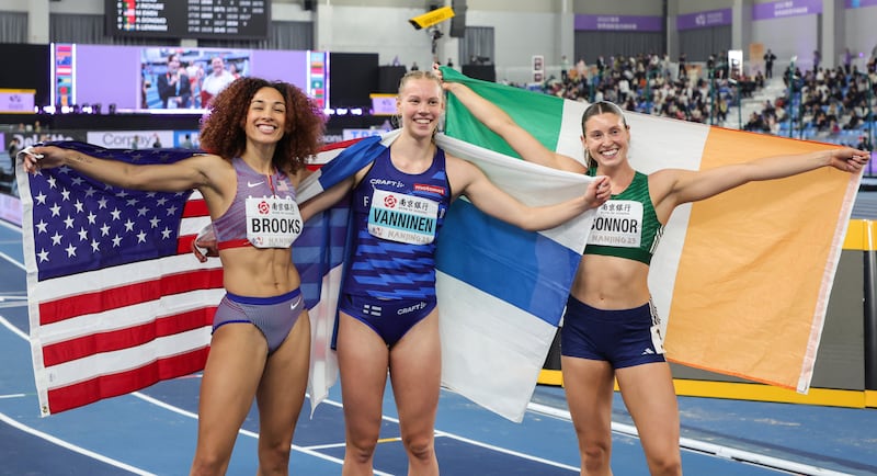 Ireland’s Kate O’Connor celebrates after winning the silver medal in the Women’s Pentathlon. Photograph: Nikola Krstic/Inpho