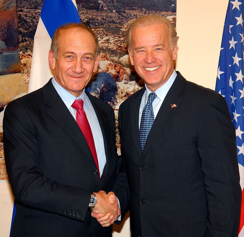 Former Israeli prime minister Ehud Olmert with Joe Biden in Jerusalem in 2006. Photograph: Amos BenGershom/GPO via Getty Images