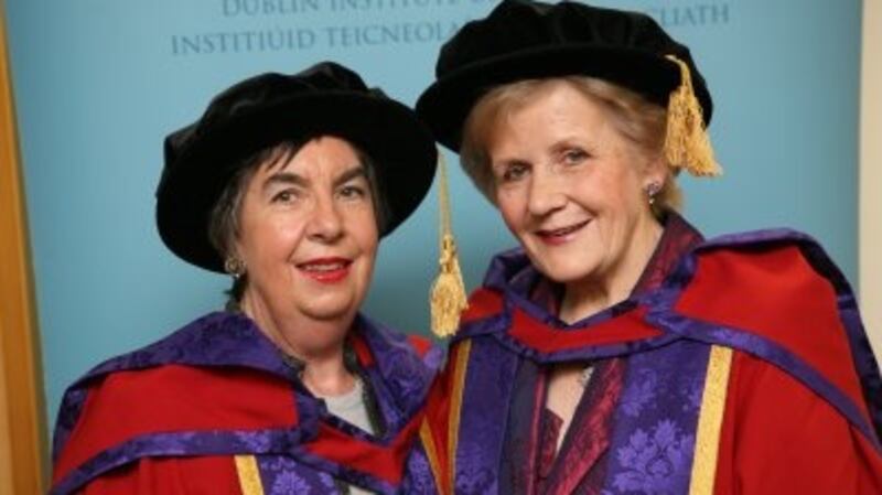 Eileen O’Mara Walsh who had   founded the  Irish Tourist Industry Confederation with  Anna May McHugh of the National Ploughing Championship, when conferred with honorary doctorates from DIT. Photograph: DIT