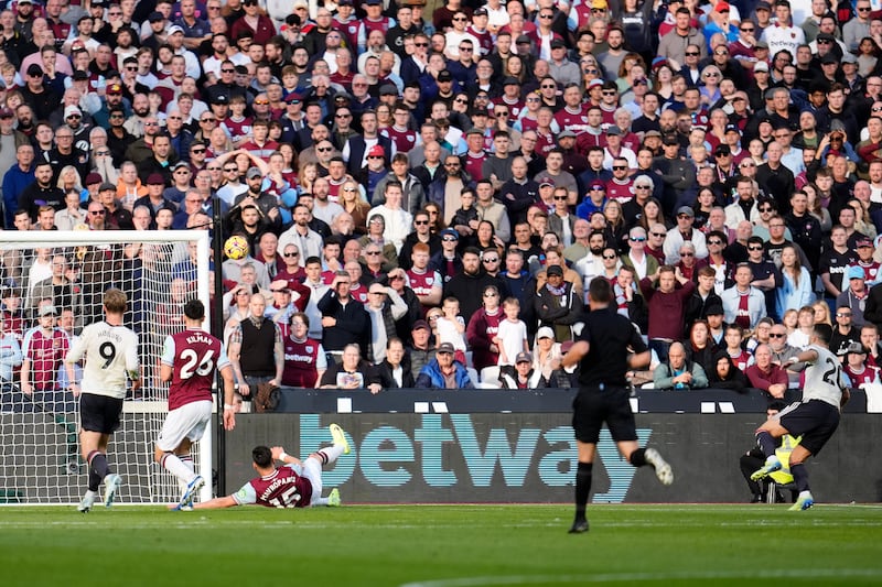 Manchester United's Diogo Dalot misses an opportunity on goal against West Ham. Photograph: Nick Potts/PA