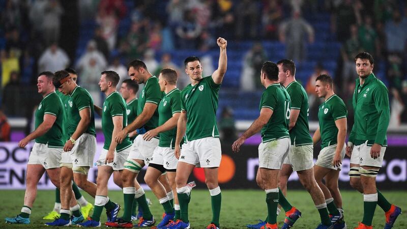 Johnny Sexton salutes the crowd at the end of the game against Scotland in yokohama. Photograph: Charly Triballeau/AFP/Getty Images