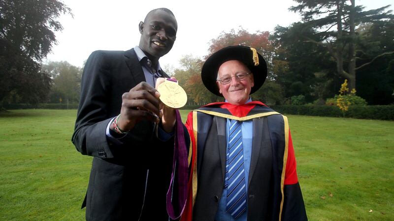 Brother Colm O’Connell and Olympic gold medallist David Rudisha pictured in 2012 when Br O’Connell received an honorary doctorate from Dublin City University in recognition of his contribution to sport through his athletics coaching programme in Kenya’s Rift Valley. Photograph: Dan Sheridan/Inpho