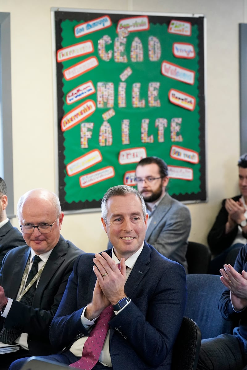 Paul Givan, Northern Ireland Education Minister, during a visit to Irish language-medium school, Gaelscoil Aodha Rua, in Dungannon, Co Tyrone. Photograph: Niall Carson/PA Wire