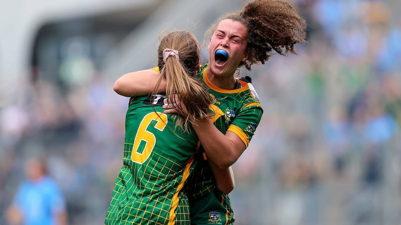 Meath’s Aoibhin Cleary and Emma Duggan celebrate at the final whistle. Photograph: Bryan Keane/Inpho