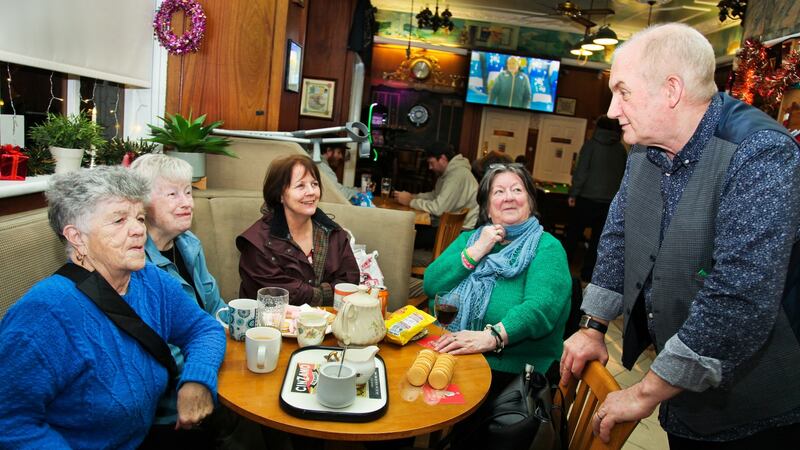 Maura Healey from Mallow, Co Cork, Mary Lordan from Ballybunion, Co Kerry, Ann Walsh from Fintona, Co Tyrone, and Elizabeth Cove from Skibbereen, Co Cork, with the landlord of  Mannions Prince Arthur Michael Finneran. Photograph: Joanne O’Brien