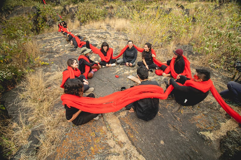 Cecilia Vicuña: Quipu Lava, 2020, at the Espacio Escultórico, UNAM, Mexico City. Photograph: Museo Universitario Arte Contemporáneo/Cecilia Vicuña