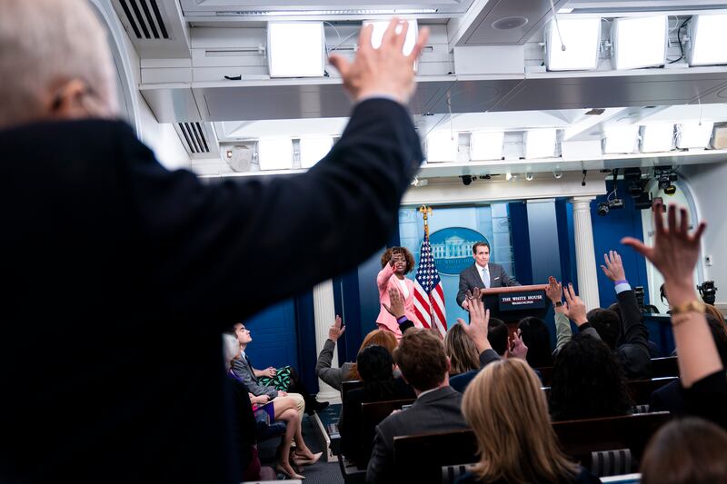 Reporters raise their hands at a press briefing held by Karine Jean-Pierre, the White House press secretary, and John Kirby, spokesman for the White House National Security Council, in Washington on Friday after the Pentagon downed an unidentified object over Alaska. Photograph: Sarah Silbiger/The New York Times