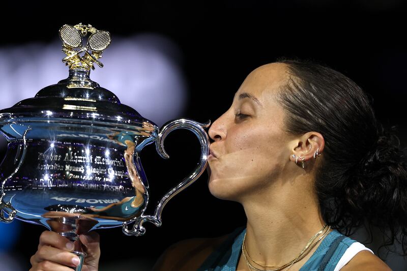 Madison Keys kisses the Daphne Akhurst Memorial Cup. Photograph: Clive Brunskill/Getty Images