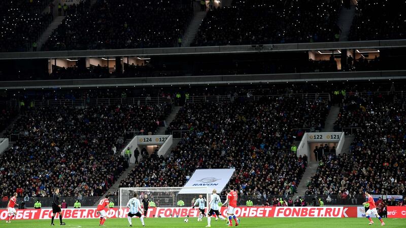 Argentina’s Lionel Messi runs towards the ball during the  international friendly  match against  Russia at the Luzhniki stadium in Moscow. Photograph: Kirill Kudryavtsev/AFP/Getty Images