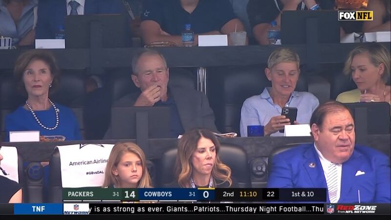 Ellen DeGeneres and George W Bush were guests of the Dallas Cowboys’ owner, Jerry Jones. Photograph: Fox NFL