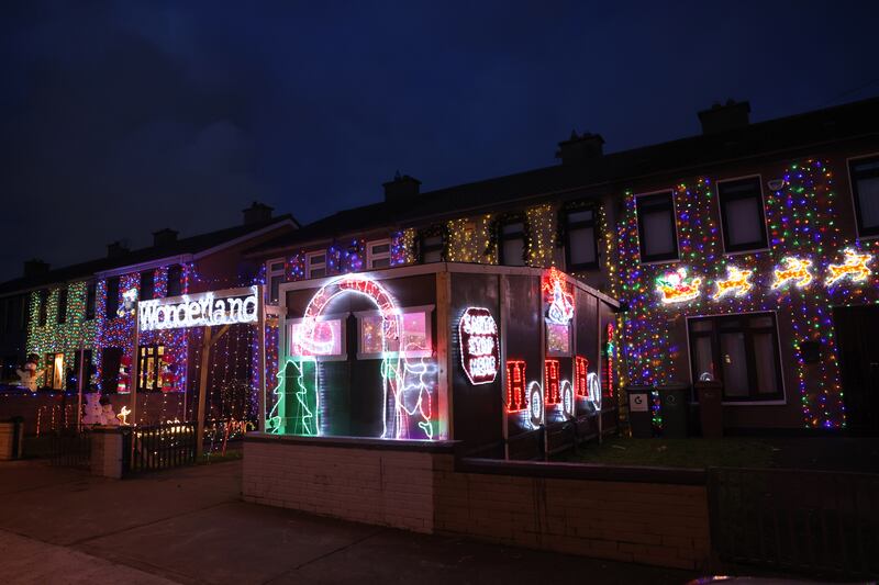 Christmas lights outside the home of Dylan Walsh and neighbours in Finglas, Dublin. Photograph: Dara Mac Dónaill






