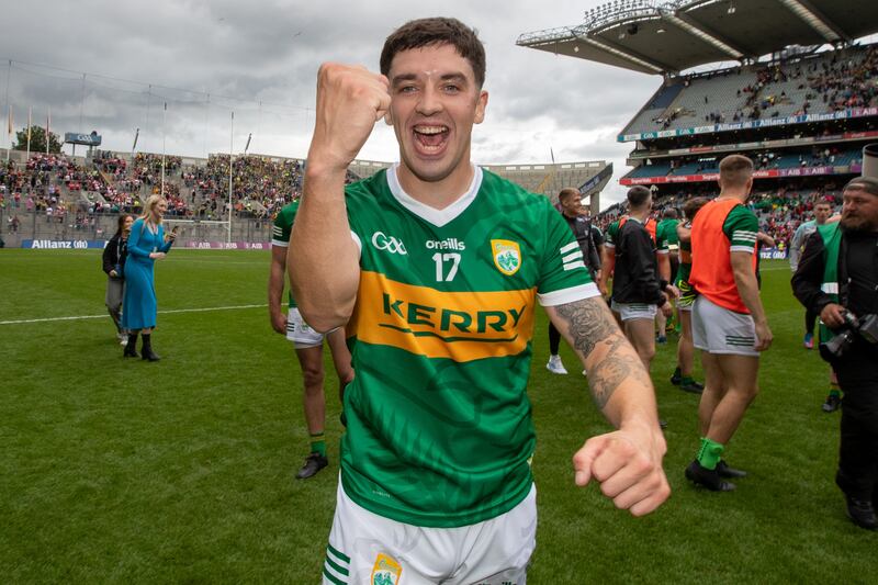 Kerry’s Tony Brosnan celebrates after the All-Ireland semi-final win over Derry, unaware what would come his way before the final. Photograph: Inpho/Morgan Treacy