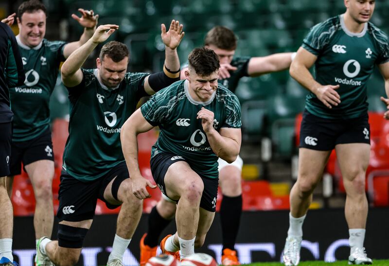 Dan Sheehan and his Ireland team-mates during the Captain's Run at the Principality Stadium. Photograph: Billy Stickland/Inpho