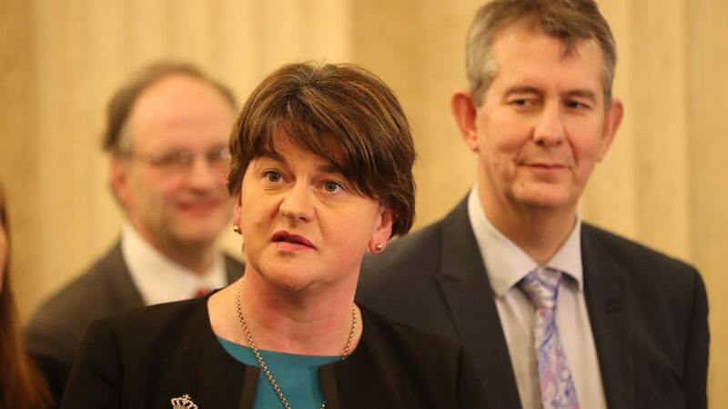 DUP’s Arlene Foster speaking to the media at Stormont Parliament buildings as Prime Minister Theresa May and Taoiseach Leo Varadkar are holding crunch talks at Stormont House amid growing speculation that a deal to restore powersharing is edging closer. Photograph: Niall Carson/PA Wire