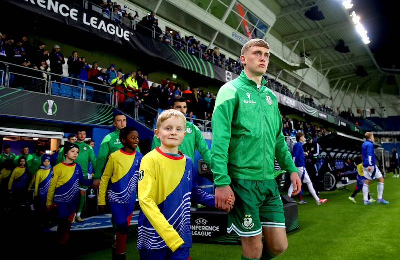 Michael Noonan walks out to make his Shamrock Rovers debut against Molde. Photograph: Ryan Byrne/Inpho