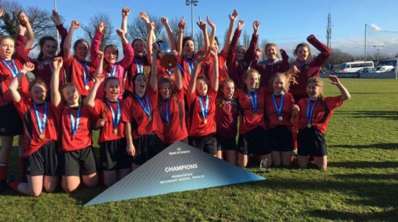 Presentation Thurles celebrate their All-Ireland Senior Girls National Cup success.