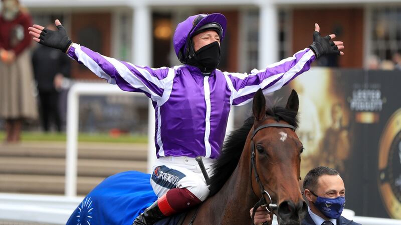 Frankie Dettori celebrates the Qipco 1,000 Guineas win on on Mother Earth at Newmarket. Photograph: Mike Egerton/PA Wire