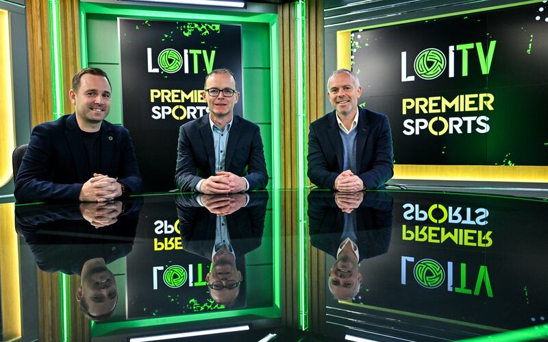 League of Ireland director Mark Scanlon, Premier Sports head of product Brian Stenson and FAI commercial director Sean Kavanagh at the announcement of a League of Ireland-Premier Sports LOITV partnership in October. Photograph: Brendan Moran/Sportsfile