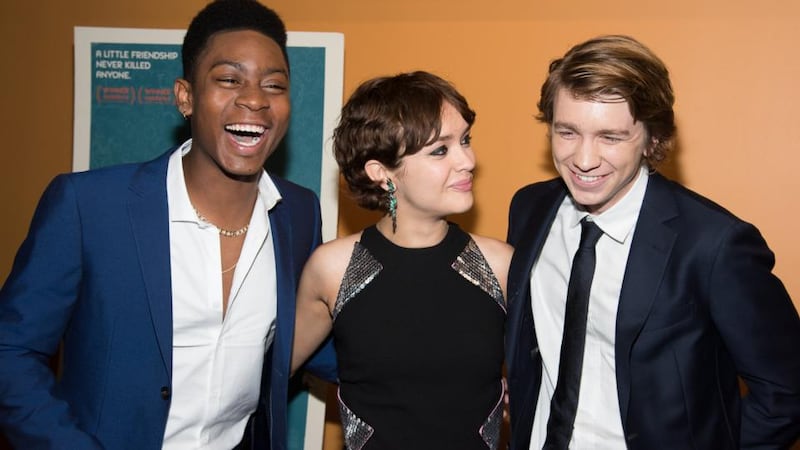 Mann with Me And Earl And The Dying Girl co-stars RJ Cyler, Olivia Cooke and Thomas Mann at the film’s New York Premiere. (Photo by Dave Kotinsky/Getty Images)