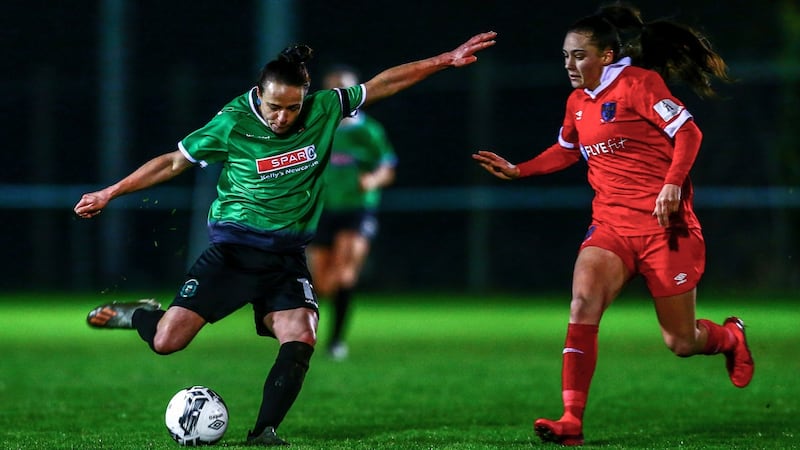 Aine O’Gorman shoots during Peamount’s win over Shelbourne. Photograph: Ken Sutton/Inpho